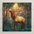 Stained glass–style elk ceramic tile perfect for cabin décor, wildlife décor, and rustic home styling. Vivid permanent print with rich woodland colors. Optional tile wall hanger, easel tile stand, cork backing, and premium display frame available for easy and versatile display.