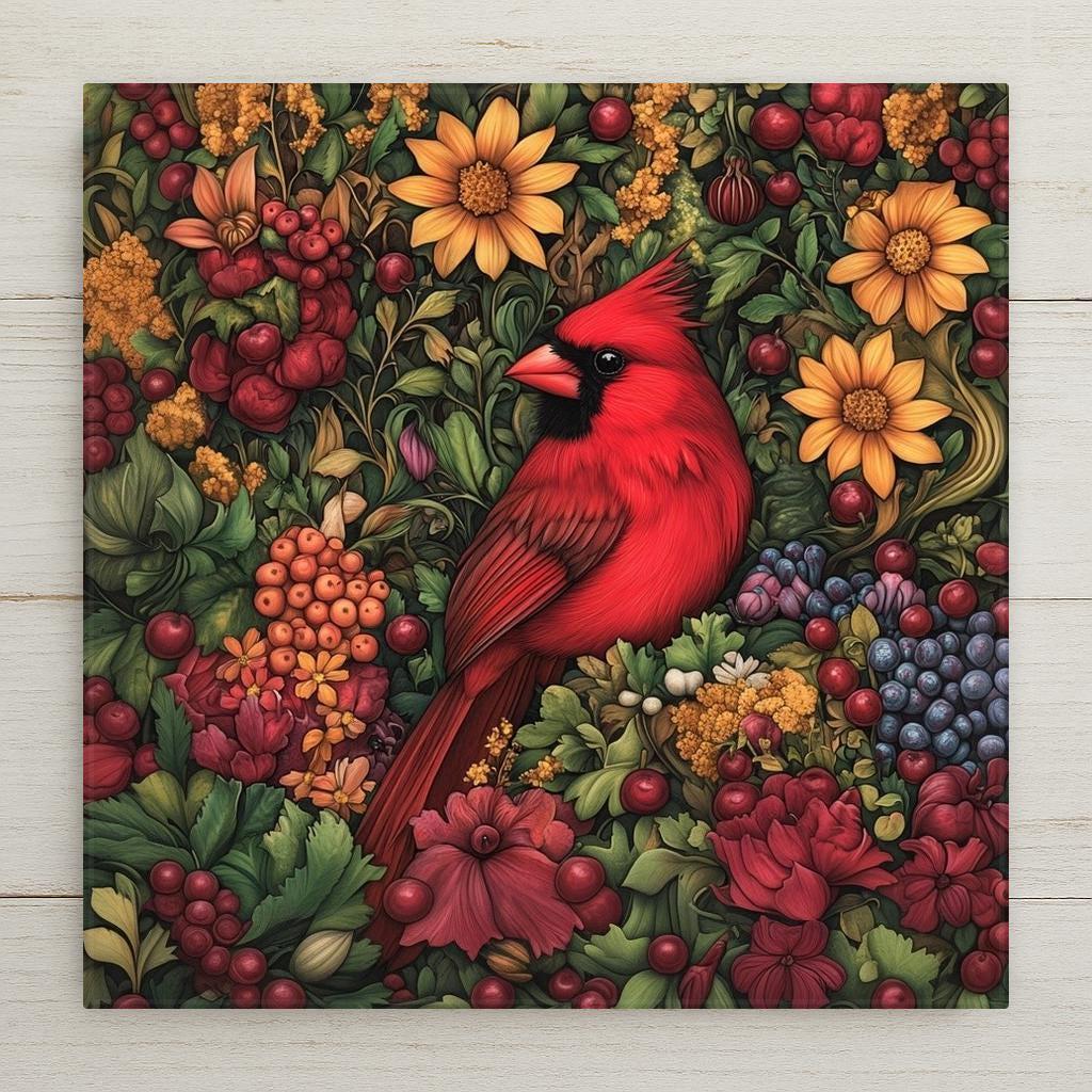 Red cardinal ceramic tile in rich William Morris-inspired floral style. Features golden sunflowers, berries, and lush woodland foliage. A perfect gift for bird lovers, gardeners, or fans of Art Nouveau decor. This detailed ceramic tile brings warmth, symbolism, and seasonal beauty to any room. Ideal for wall display, entryways, or cottage-style homes. Glossy finish enhances the vibrant colors and intricate natural design. A timeless piece of nature-inspired art.