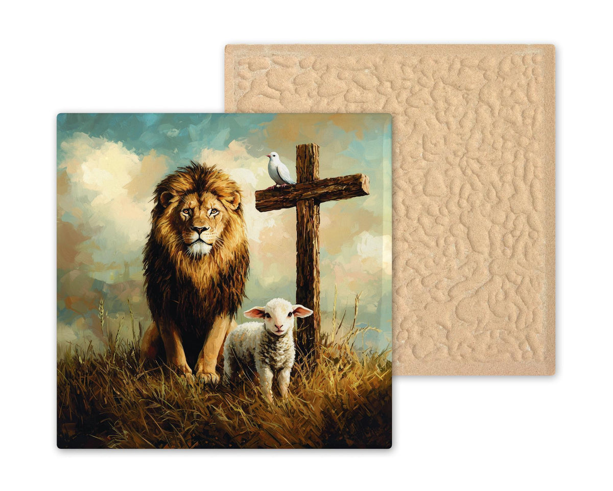 Lion and Lamb Ceramic Art Tile – Peaceable Kingdom Religious Wall Art, Christian Faith Gift