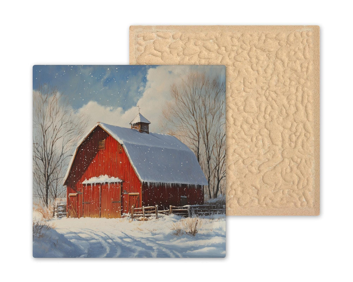 Red Barn Winter Ceramic Tile Wall Art – Stained Glass Style Farmhouse Christmas Decor, Country Holiday Gift, Snowy Landscape Home Accent