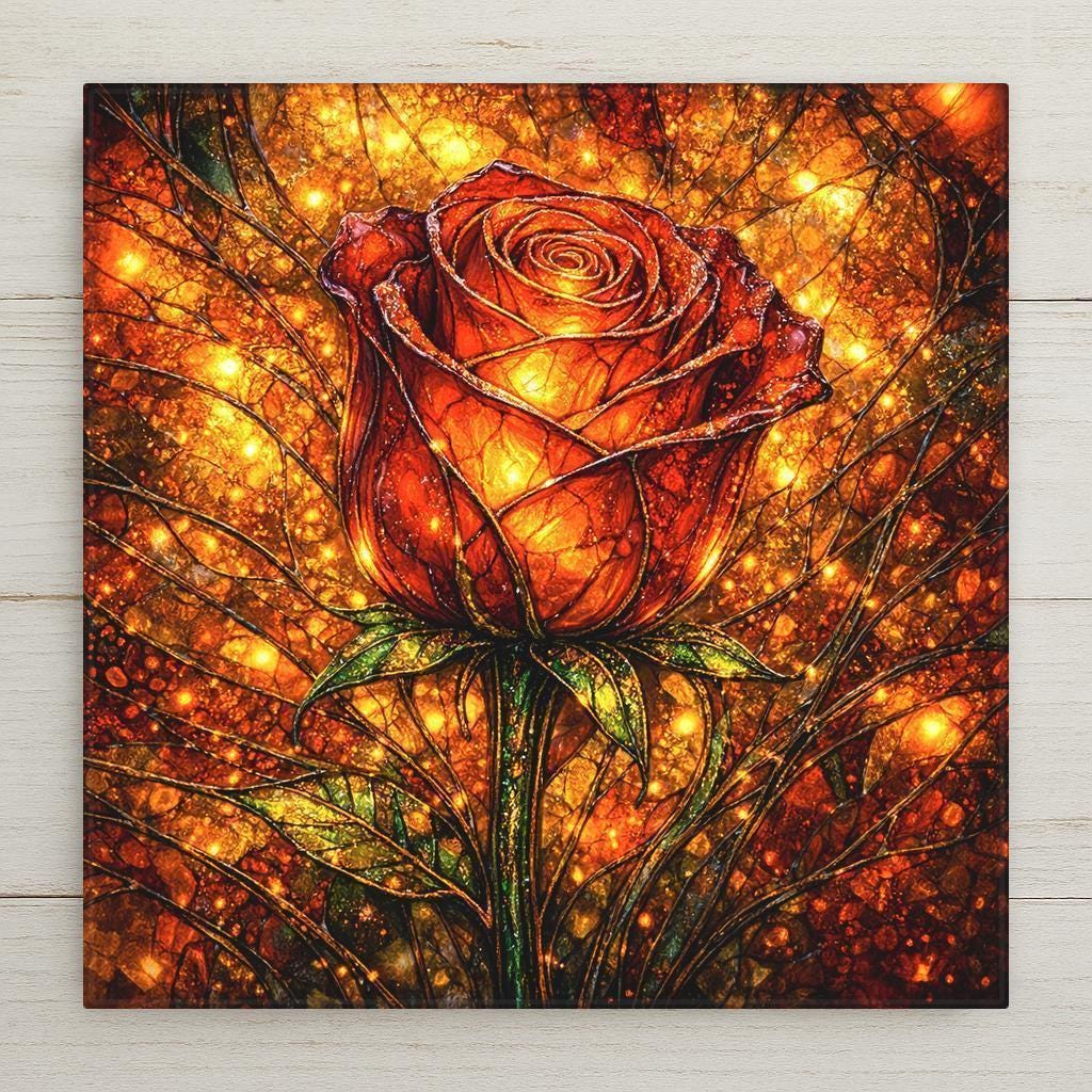 Stained glass style ceramic art tile of a glowing red rose on a fiery golden bokeh background, gothic dark academia floral wall decor in luminous copper amber and crimson tones.