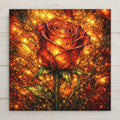 Stained glass style ceramic art tile of a glowing red rose on a fiery golden bokeh background, gothic dark academia floral wall decor in luminous copper amber and crimson tones.