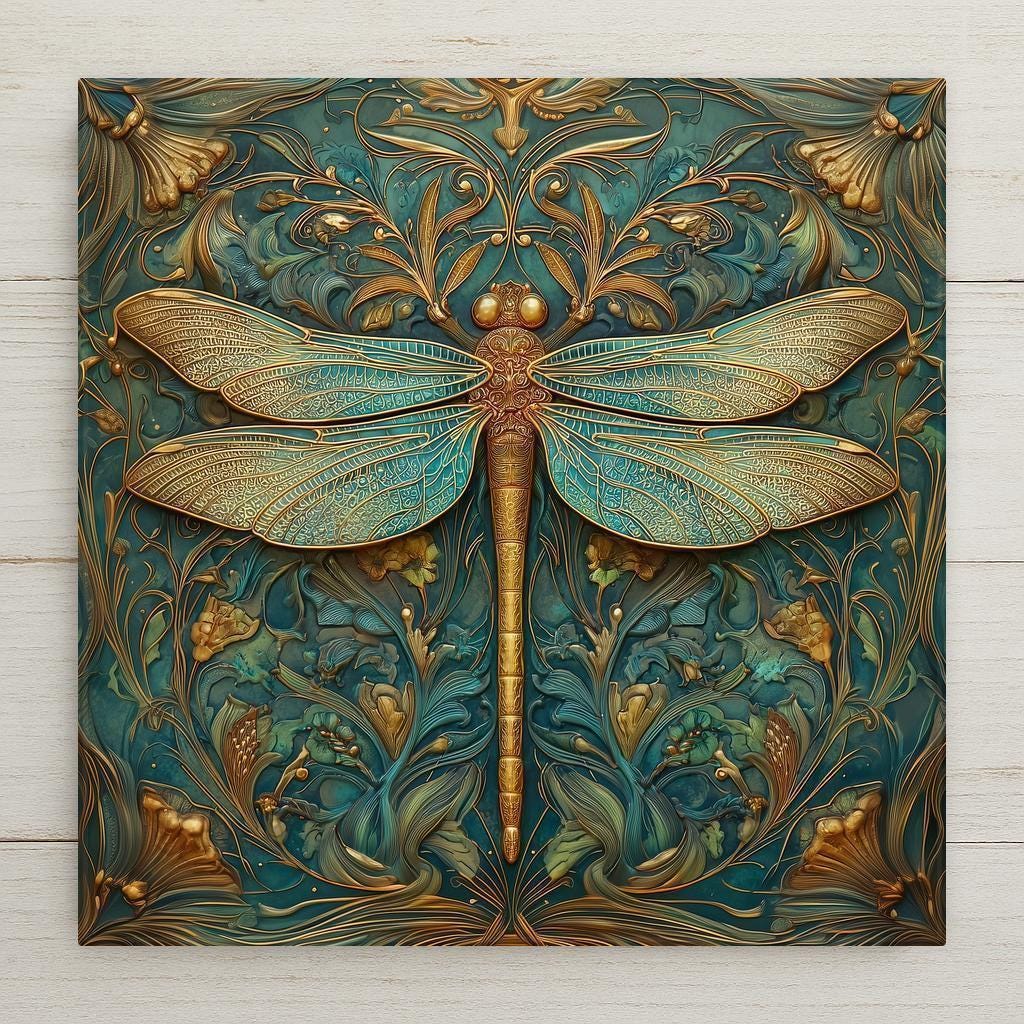 Art Nouveau dragonfly ceramic tile wall art featuring a symmetrical dragonfly with ornate botanical scrollwork in teal, turquoise, and gold stained glass style design.