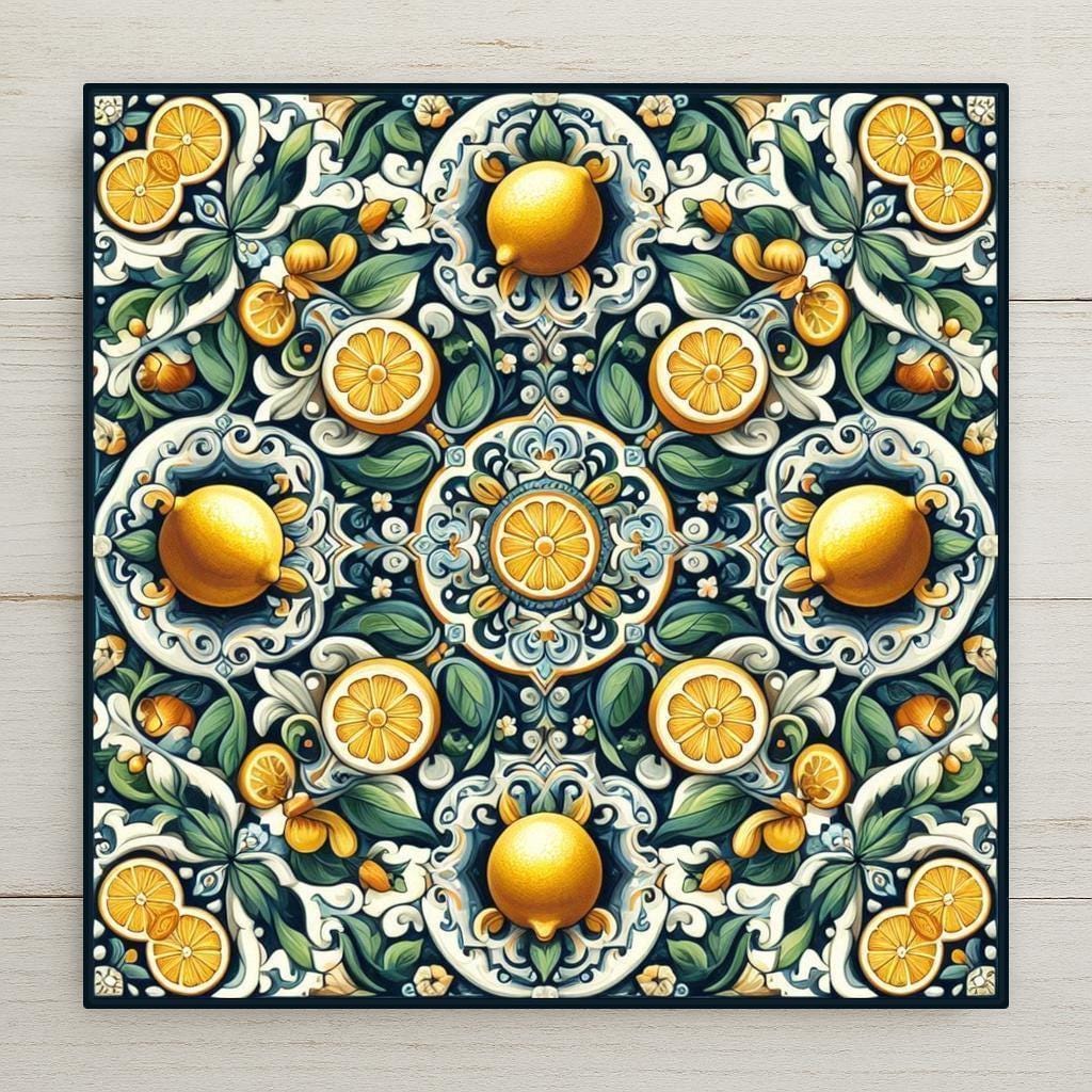 This Talavera-style ceramic tile features bright yellow lemons and ornate blue florals in a Mediterranean-inspired design—perfect for kitchens or patios.