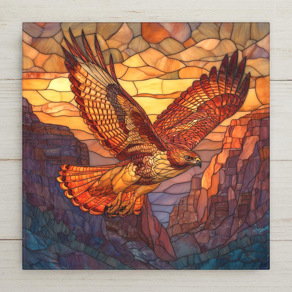stained glass hawk flying over canyon sunset ceramic tile art orange gold feathers