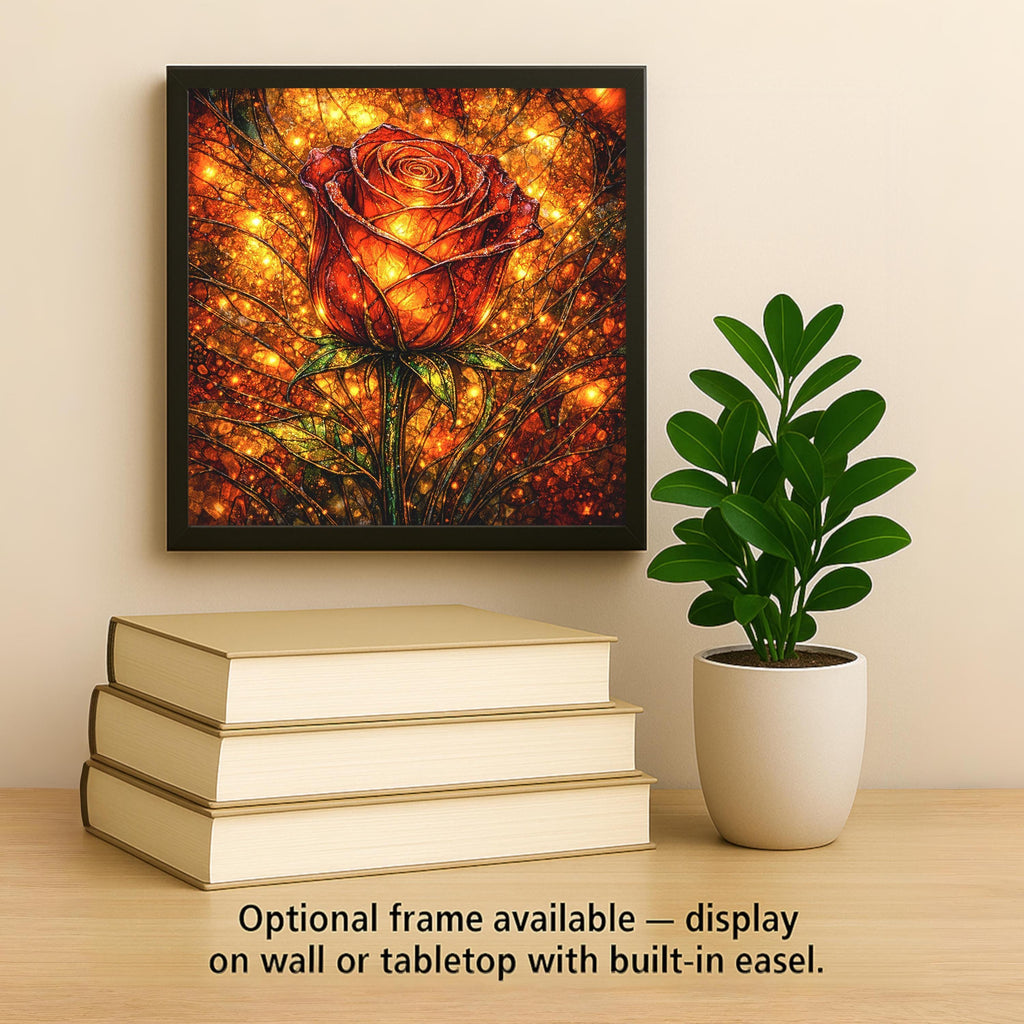 Rose Stained Glass Style Ceramic Art Tile – Gothic Dark Academia Wall Decor, Luminous Copper Romantic Accent
