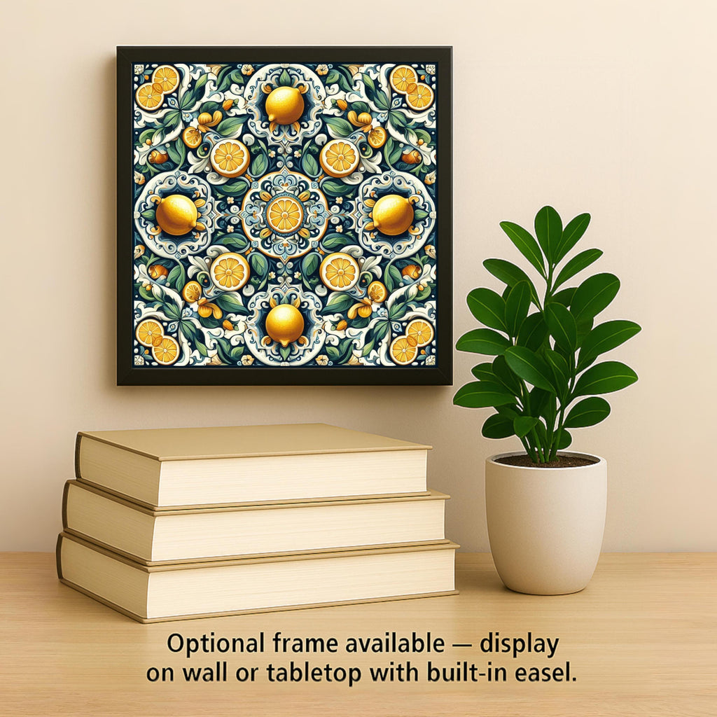 Lemon Majolica Ceramic Tile | Mediterranean Kitchen Backsplash | Talavera Style Patterned Wall Art | Cobalt Blue Italian Decor
