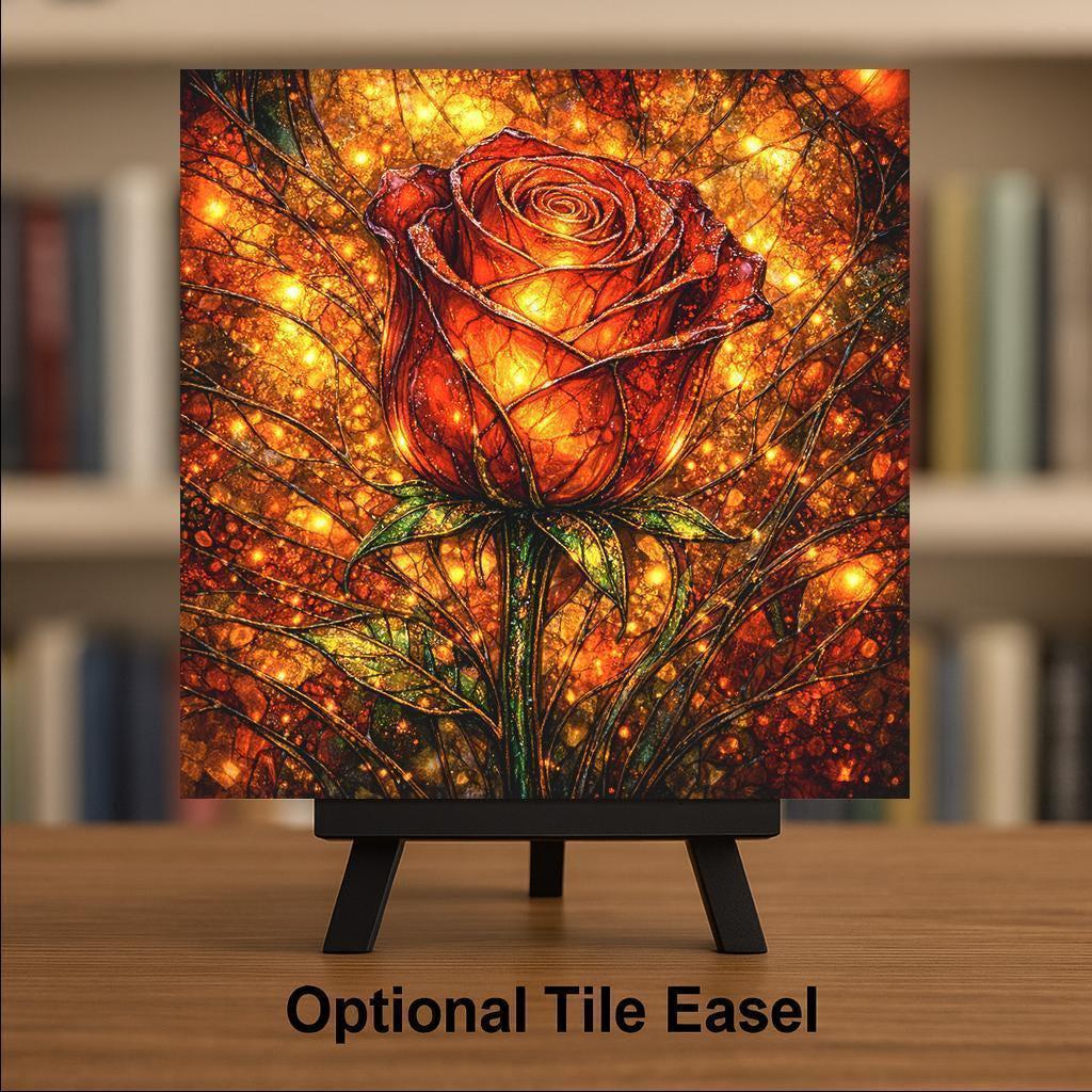 Rose Stained Glass Style Ceramic Art Tile – Gothic Dark Academia Wall Decor, Luminous Copper Romantic Accent