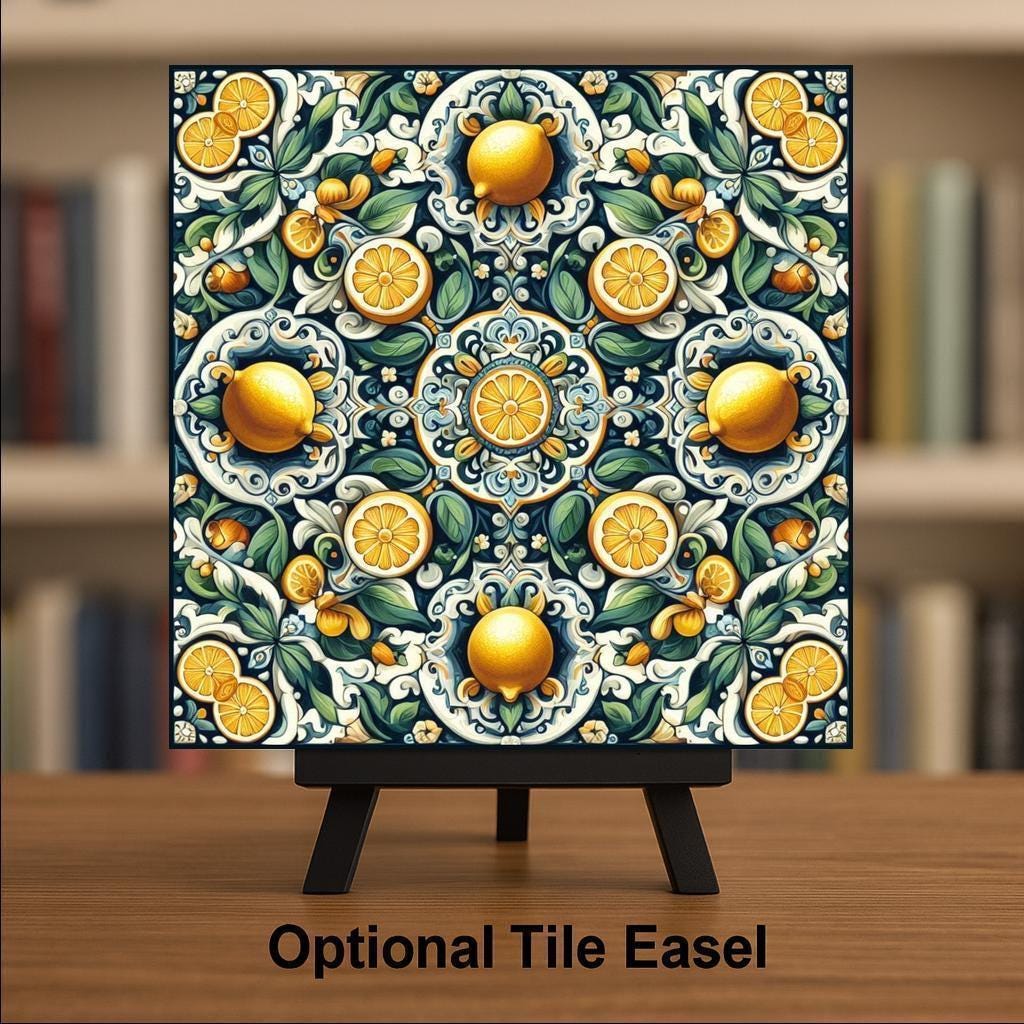 Lemon Majolica Ceramic Tile | Mediterranean Kitchen Backsplash | Talavera Style Patterned Wall Art | Cobalt Blue Italian Decor