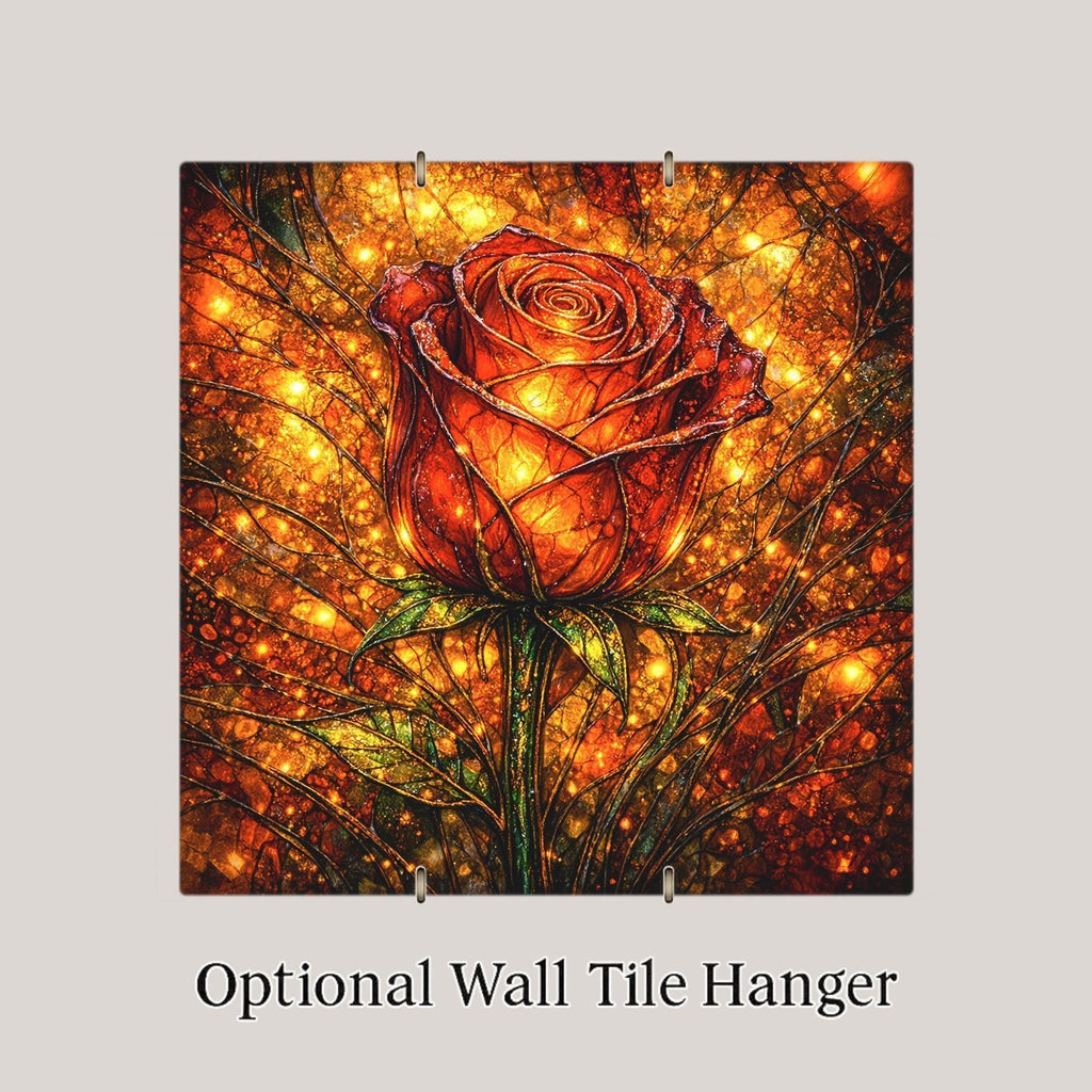 Rose Stained Glass Style Ceramic Art Tile – Gothic Dark Academia Wall Decor, Luminous Copper Romantic Accent