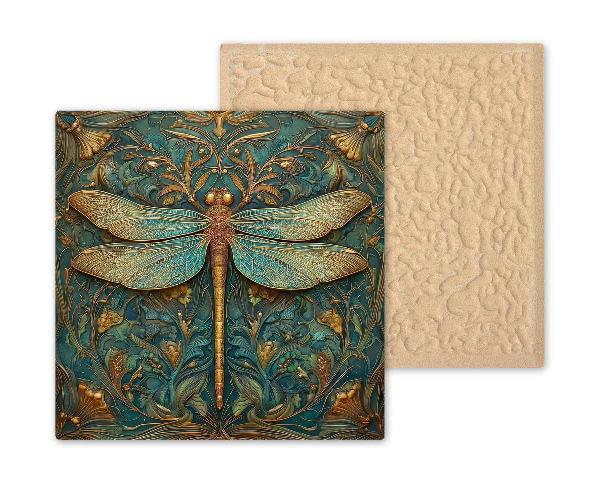 Dragonfly Wall Art Ceramic Tile Art Nouveau Gift William Morris Gold Teal Decor Stained Glass Memorial Nature Art