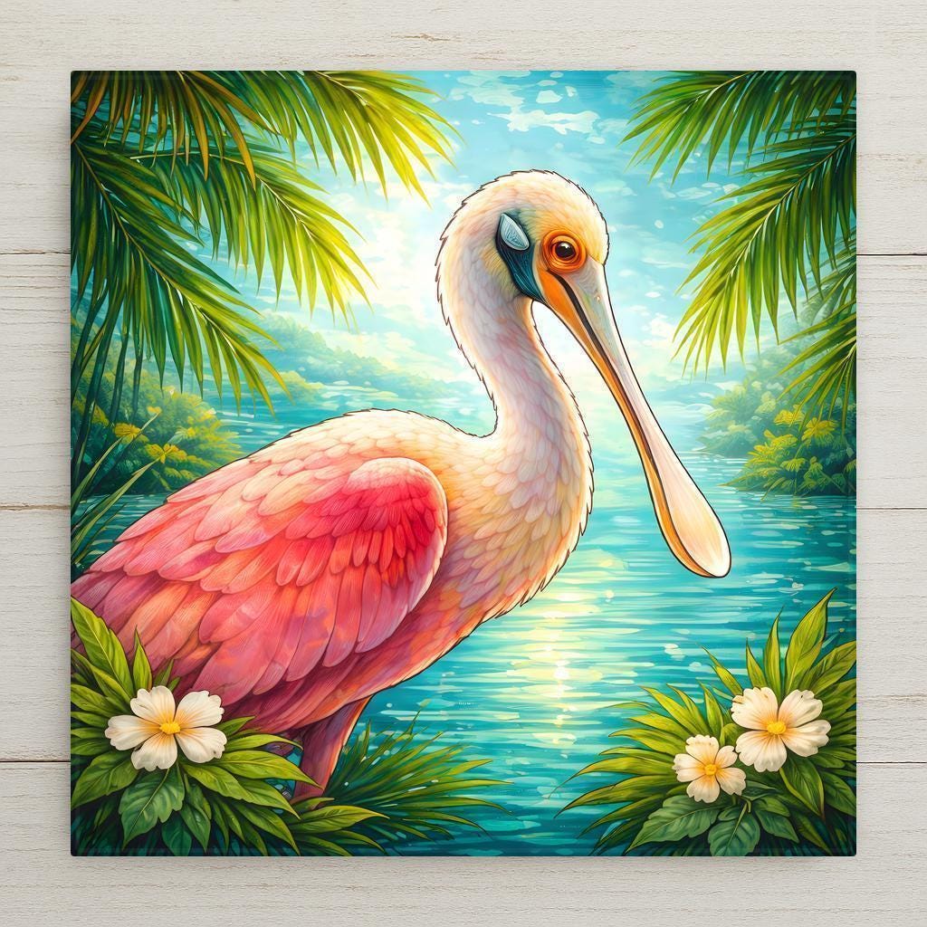 Close-up roseate spoonbill ceramic tile wall art featuring bright coral pink feathers and a sweeping beak against turquoise coastal water with palm accents. Tropical Florida bird decor in bold, saturated color, designed for beach decor and coastal home decor display.