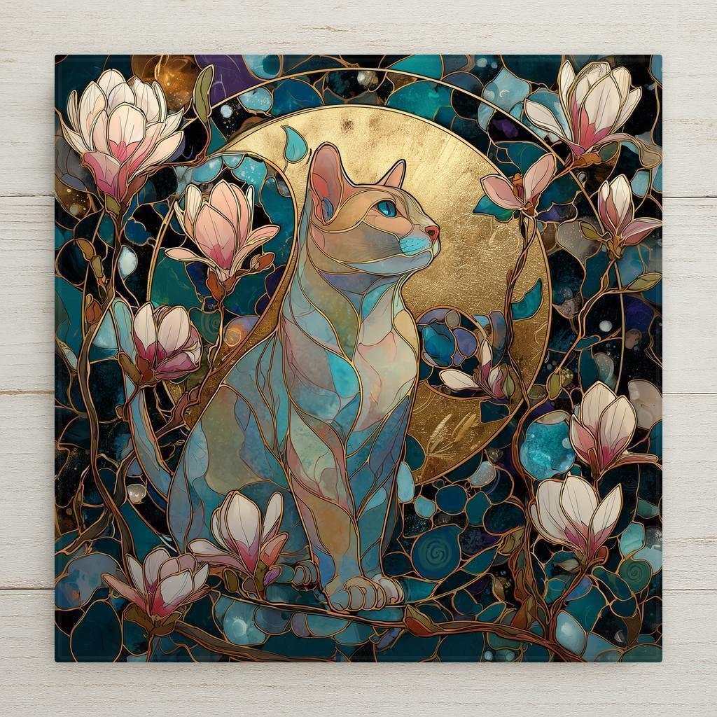 Stained glass style cat and magnolia wall art ceramic tile with glowing golden circle accents. Perfect for coastal cottages, home decor, floral interiors, and pet lovers. A radiant piece of wall art that makes a thoughtful gift. Optional tile wall hanger, easel tile stand, or cork backing available.