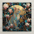 Stained glass style cat and magnolia wall art ceramic tile with glowing golden circle accents. Perfect for coastal cottages, home decor, floral interiors, and pet lovers. A radiant piece of wall art that makes a thoughtful gift. Optional tile wall hanger, easel tile stand, or cork backing available.