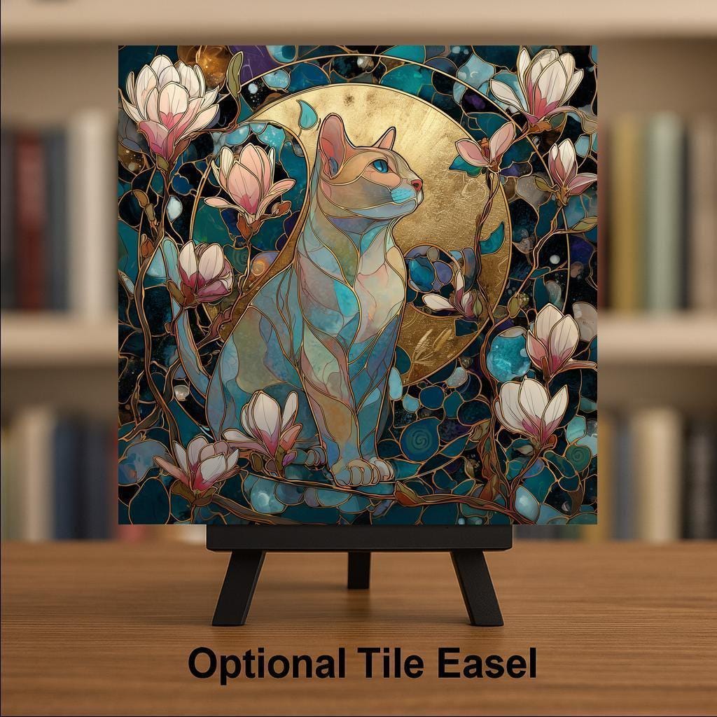 Magnolia Cat Wall Art Ceramic Tile Celestial Cat Decor Cat Lover Gift Mothers Day Gift