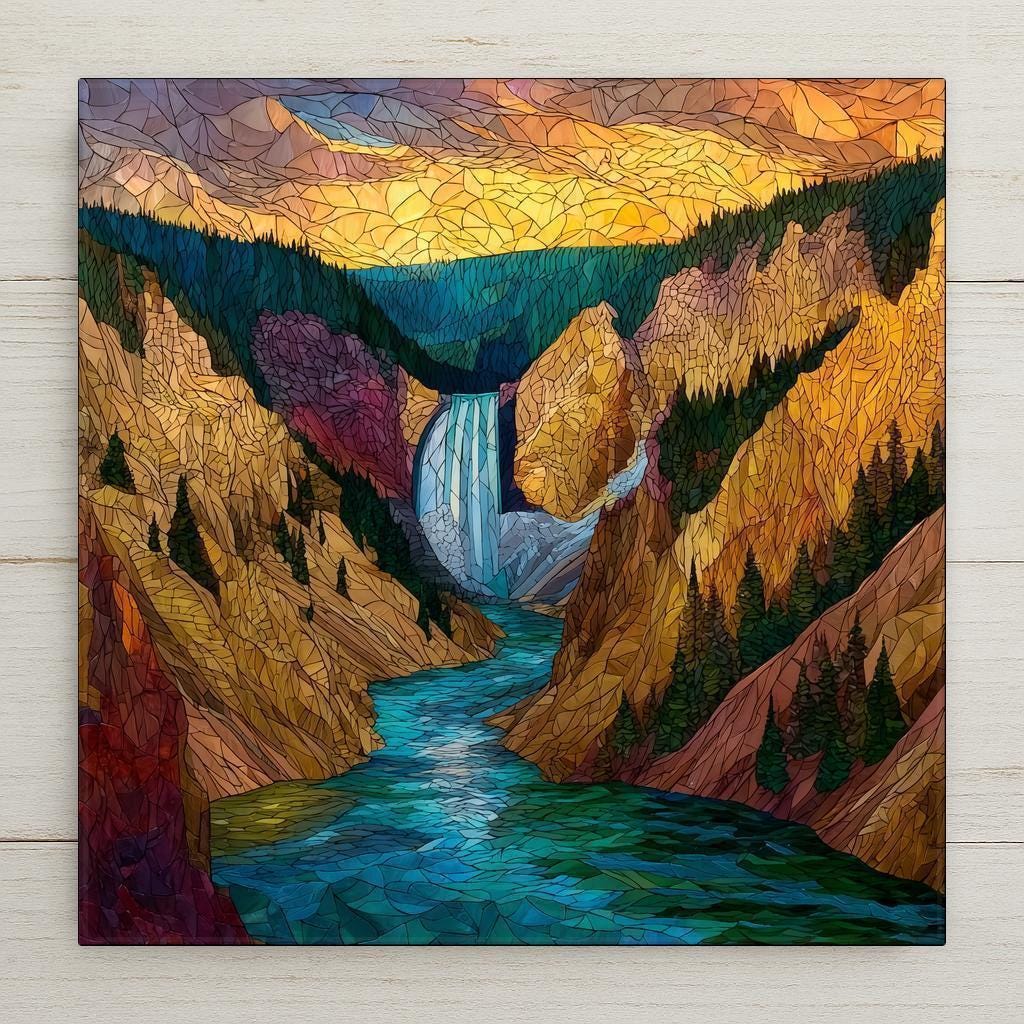 Yellowstone wall art ceramic tile showcases the Lower Falls of the Grand Canyon of Yellowstone in a stunning stained glass style. With jewel-tone colors and a glossy finish, this tile shines as a luminous art piece. Choose optional features like a satin frame, cork backing, or easel. It’s a perfect gift for hikers, travelers, and national park enthusiasts.