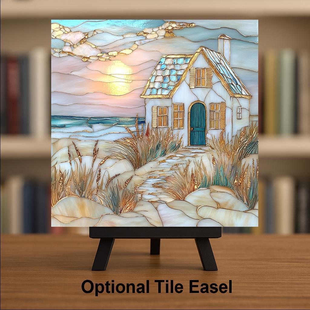 Coastal Cottage Ceramic Tile Art: Stained Glass Style Beach House Decor