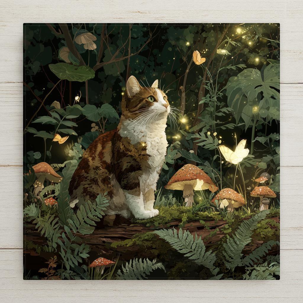 May include: A brown and white cat sits on a mossy log in a lush forest scene. The cat looks up with a curious expression. Mushrooms, ferns, and glowing fireflies surround the cat. Butterflies flutter near the cat. The scene has a magical, whimsical feel.