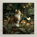 May include: A brown and white cat sits on a mossy log in a lush forest scene. The cat looks up with a curious expression. Mushrooms, ferns, and glowing fireflies surround the cat. Butterflies flutter near the cat. The scene has a magical, whimsical feel.