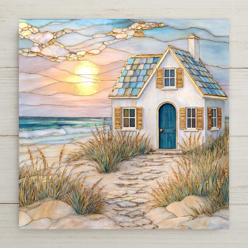 Stained glass style coastal cottage ceramic tile featuring a white beach house with blue door at sunset, golden sun reflecting over ocean waves, sandy path through dune grass leading to cottage. Coastal wall art for beach house decor, seaside home styling, and ocean-inspired interiors.