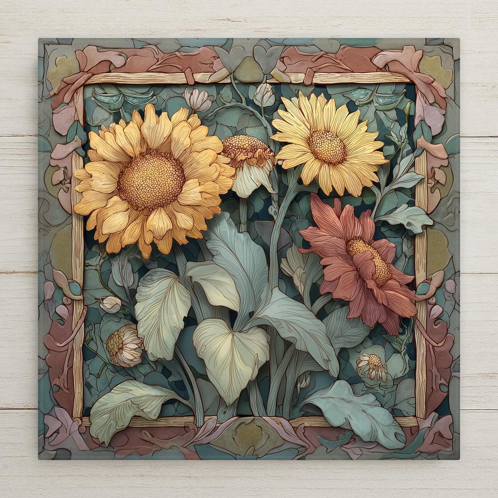 Handcrafted sunflower tile featuring bold blooms and a rustic floral border. Printed with premium inks for vibrant, lasting color. Perfect for kitchen walls, porch decor, or garden gifts. Optional cork backing, tile wall hanger, or easel tile stand available.