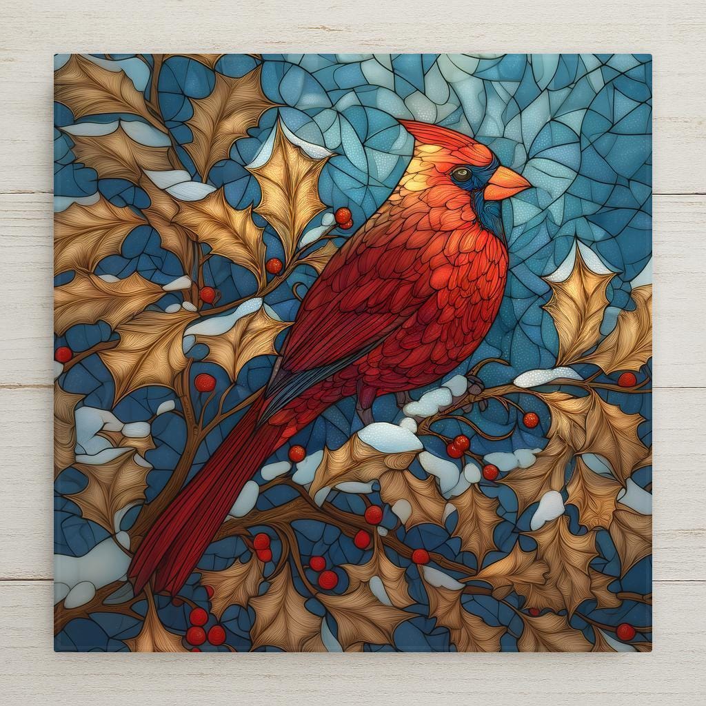 Cardinal Ceramic Tile Wall Art - Stained Glass Red Bird Winter Holiday ...