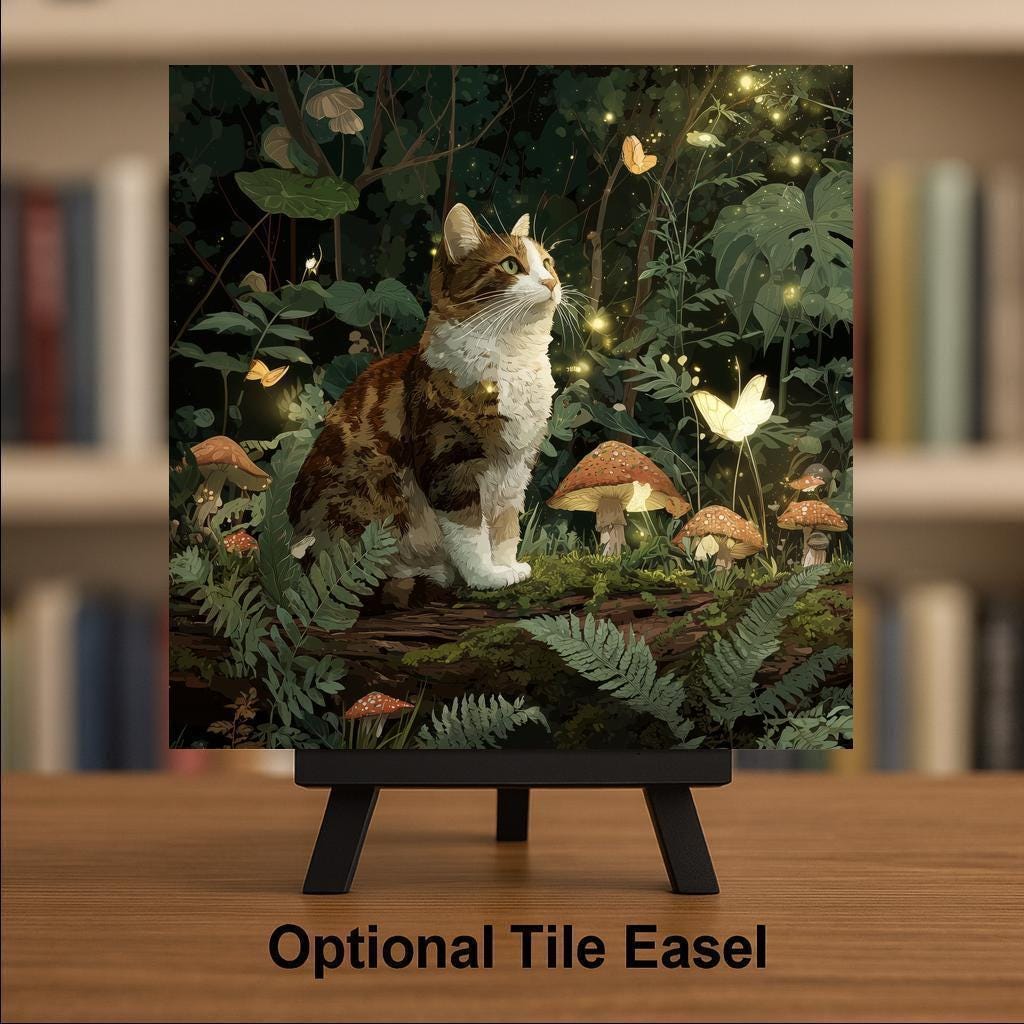 Enchanted Forest Cat Wall Art Ceramic Tile Fantasy Gift Glowing Firefly Decor Woodland Cat Art Magic Gift Tile