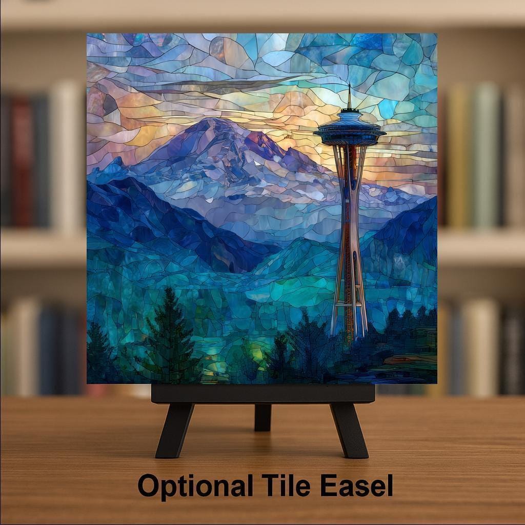 Seattle Space Needle Wall Art Ceramic Tile Washington Gift Mt Rainier Skyline Decor PNW Nature Art Travel Gift Tile