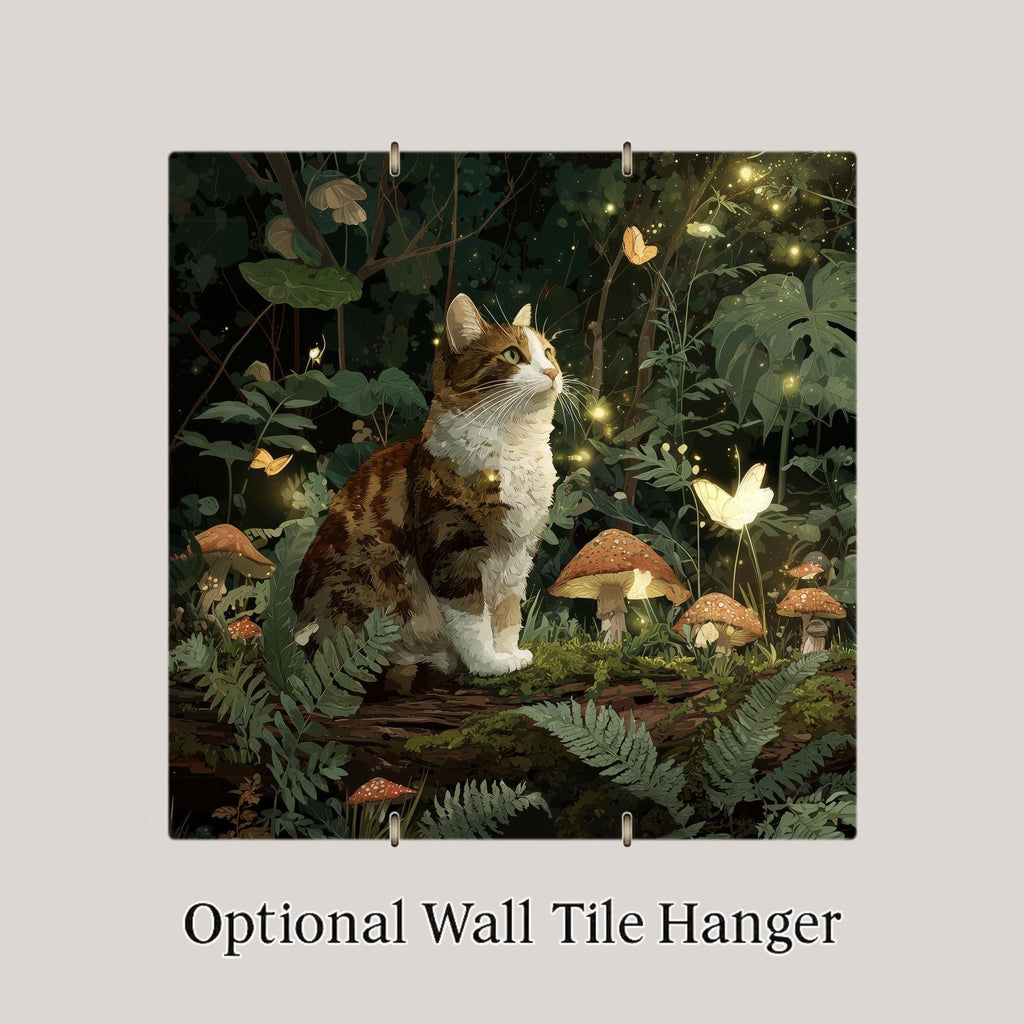 Enchanted Forest Cat Wall Art Ceramic Tile Fantasy Gift Glowing Firefly Decor Woodland Cat Art Magic Gift Tile