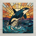 Orca whale breaching ocean waves at sunset in stained glass style, ceramic tile wall art.