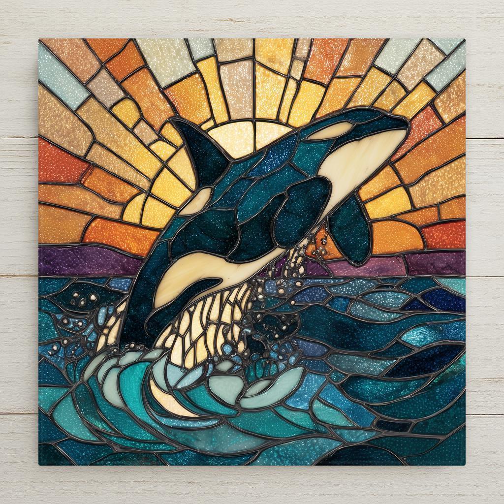 Orca whale breaching ocean waves at sunset in stained glass style, ceramic tile wall art.