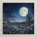 Capture the beauty of the desert at night with this ceramic tile art featuring a glowing full moon, blooming cactus flowers, and starlit sky. Perfect for adding a touch of the Southwest to your home or gifting to nature and moon lovers. Great for wall decor or use as a decorative trivet.