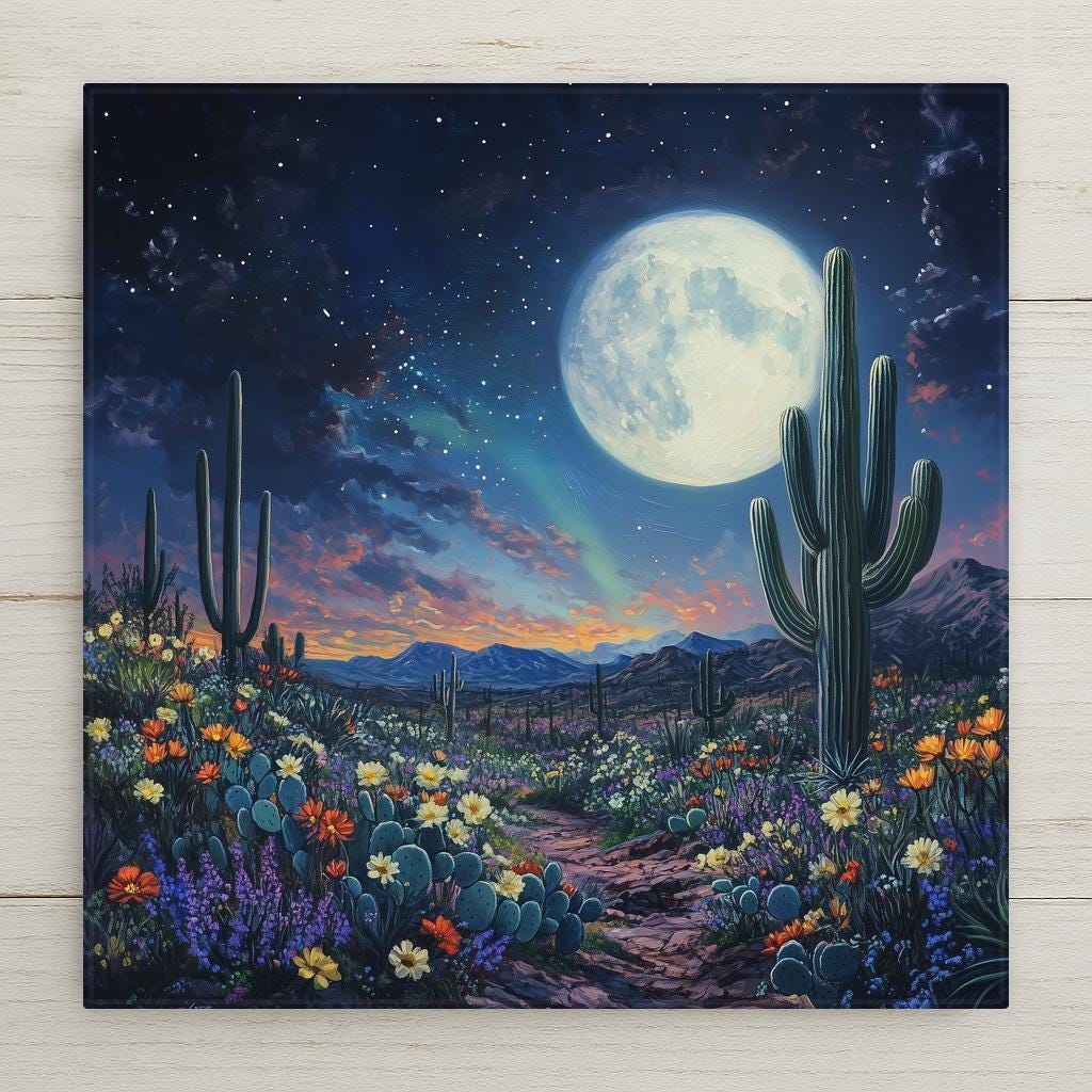 Capture the beauty of the desert at night with this ceramic tile art featuring a glowing full moon, blooming cactus flowers, and starlit sky. Perfect for adding a touch of the Southwest to your home or gifting to nature and moon lovers. Great for wall decor or use as a decorative trivet.