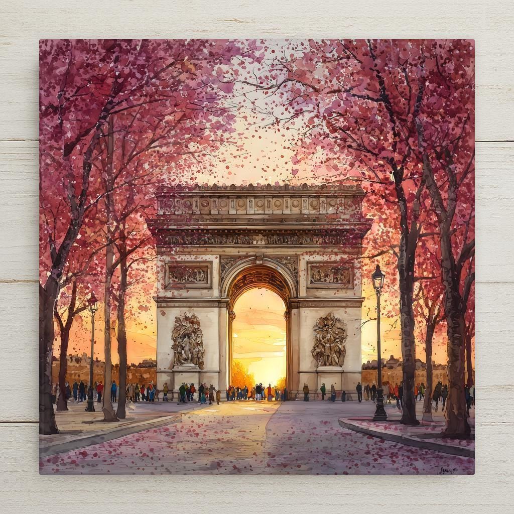 Arc de Triomphe in Paris at sunset framed by pink autumn trees and falling leaves, romantic travel ceramic tile wall art.