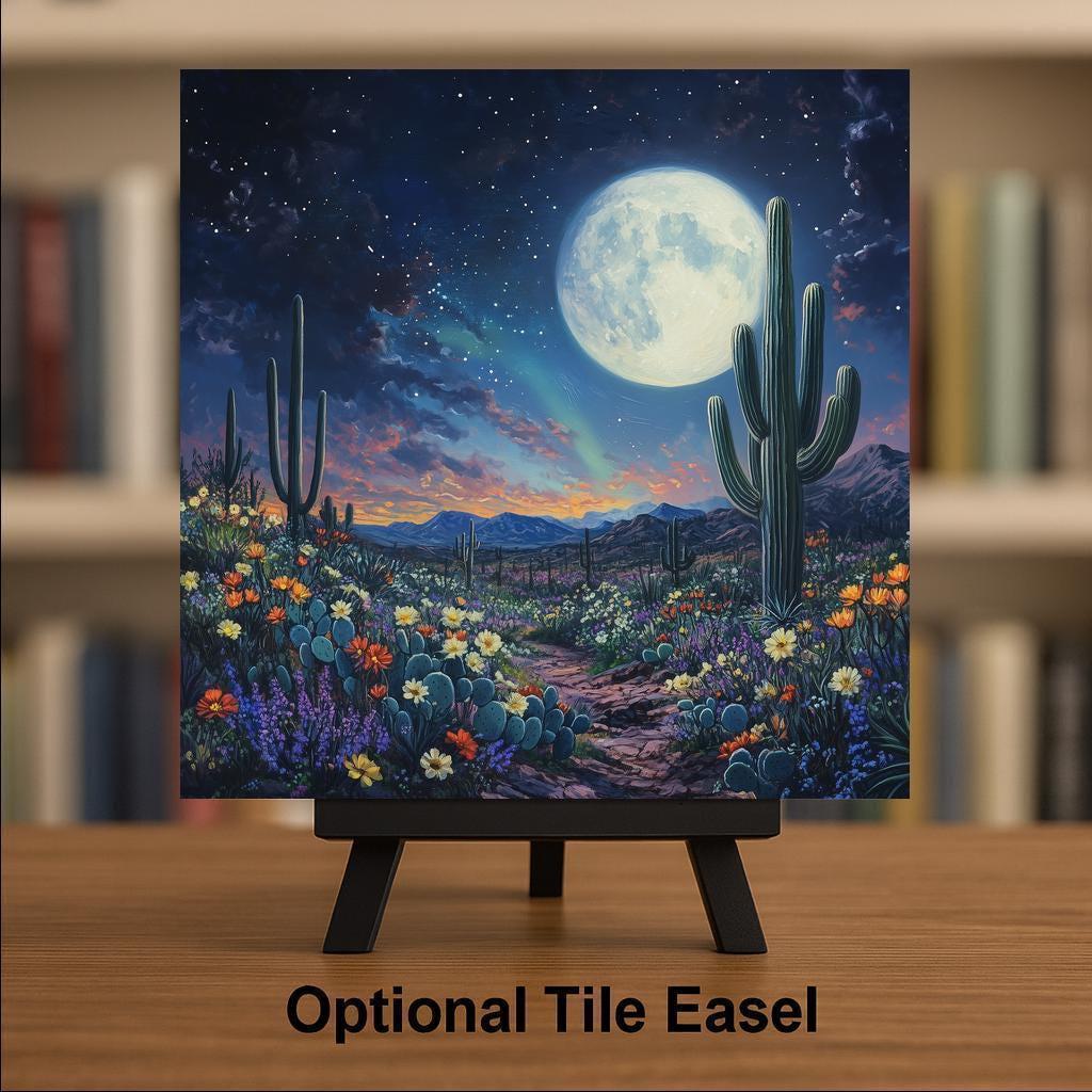 Desert Night Wall Art Ceramic Tile Southwest Gift Moonlit Cactus Decor Night Sky Art Desert Lover Gift Tile