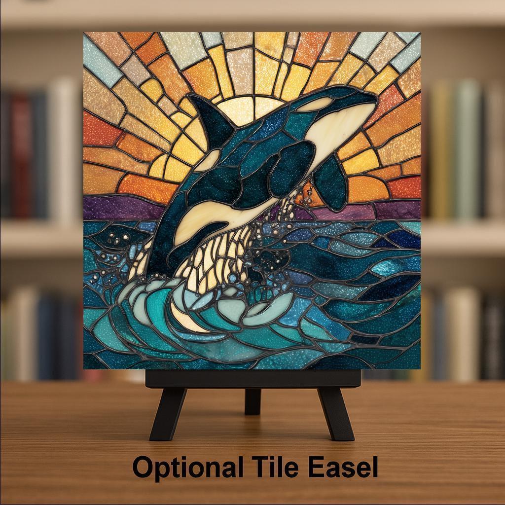Orca Whale Wall Art Ceramic Tile Stained Glass Style Coastal Sunset Decor Killer Whale Ocean Nature Gift Tile