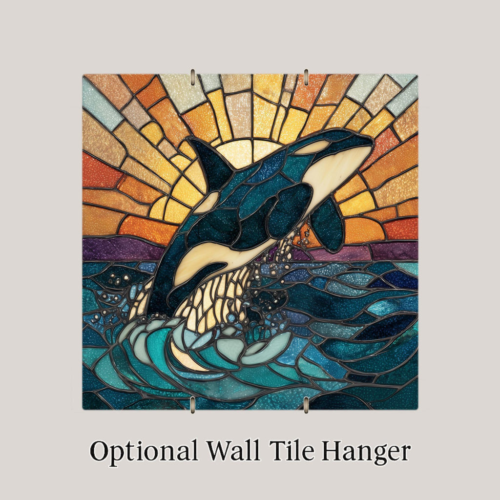 Orca Whale Wall Art Ceramic Tile Stained Glass Style Coastal Sunset Decor Killer Whale Ocean Nature Gift Tile