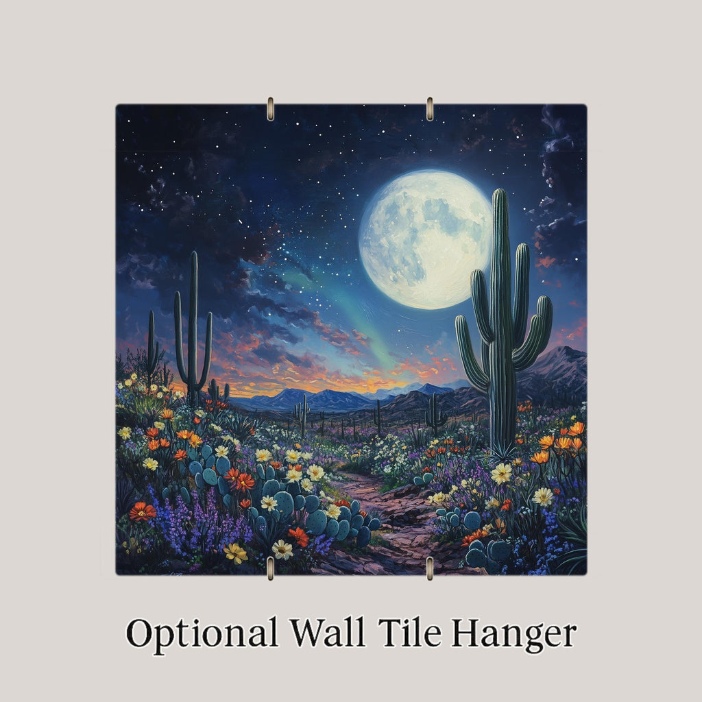 Desert Night Wall Art Ceramic Tile Southwest Gift Moonlit Cactus Decor Night Sky Art Desert Lover Gift Tile