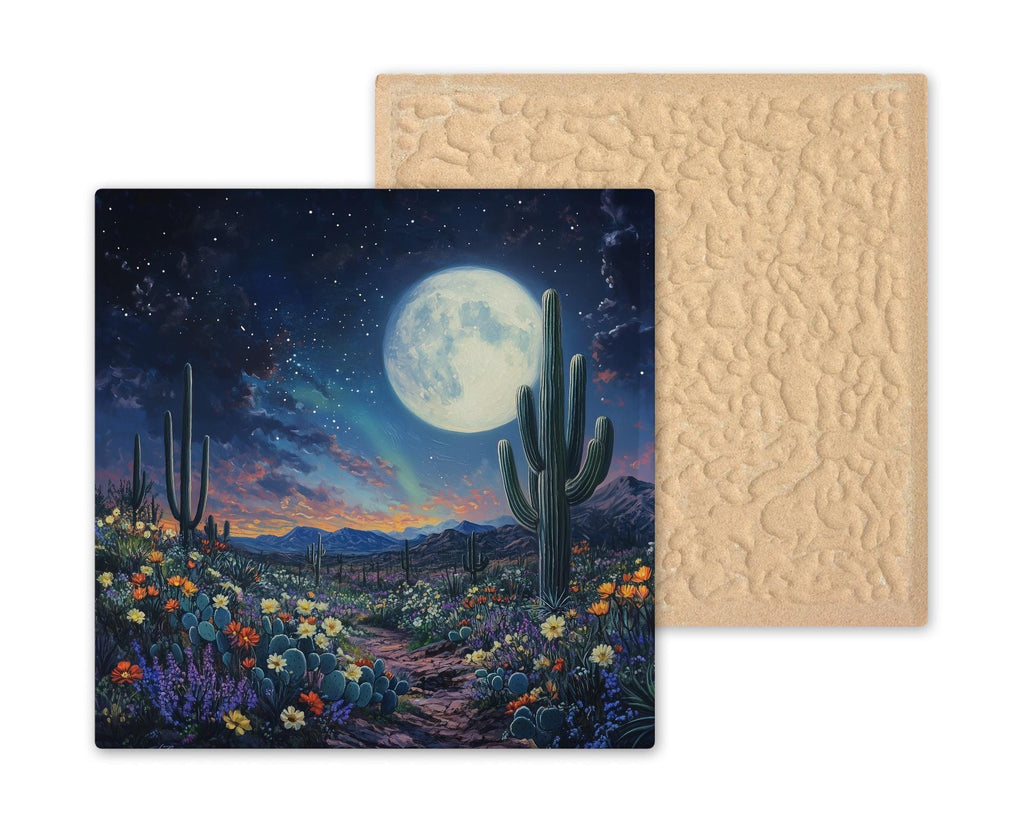 Desert Night Wall Art Ceramic Tile Southwest Gift Moonlit Cactus Decor Night Sky Art Desert Lover Gift Tile