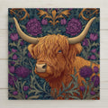 William Morris style ceramic art tile of a shaggy Highland cow with long horns, framed by purple Scottish thistles and acanthus foliage in a folk-art tapestry pattern on a deep teal-navy background.