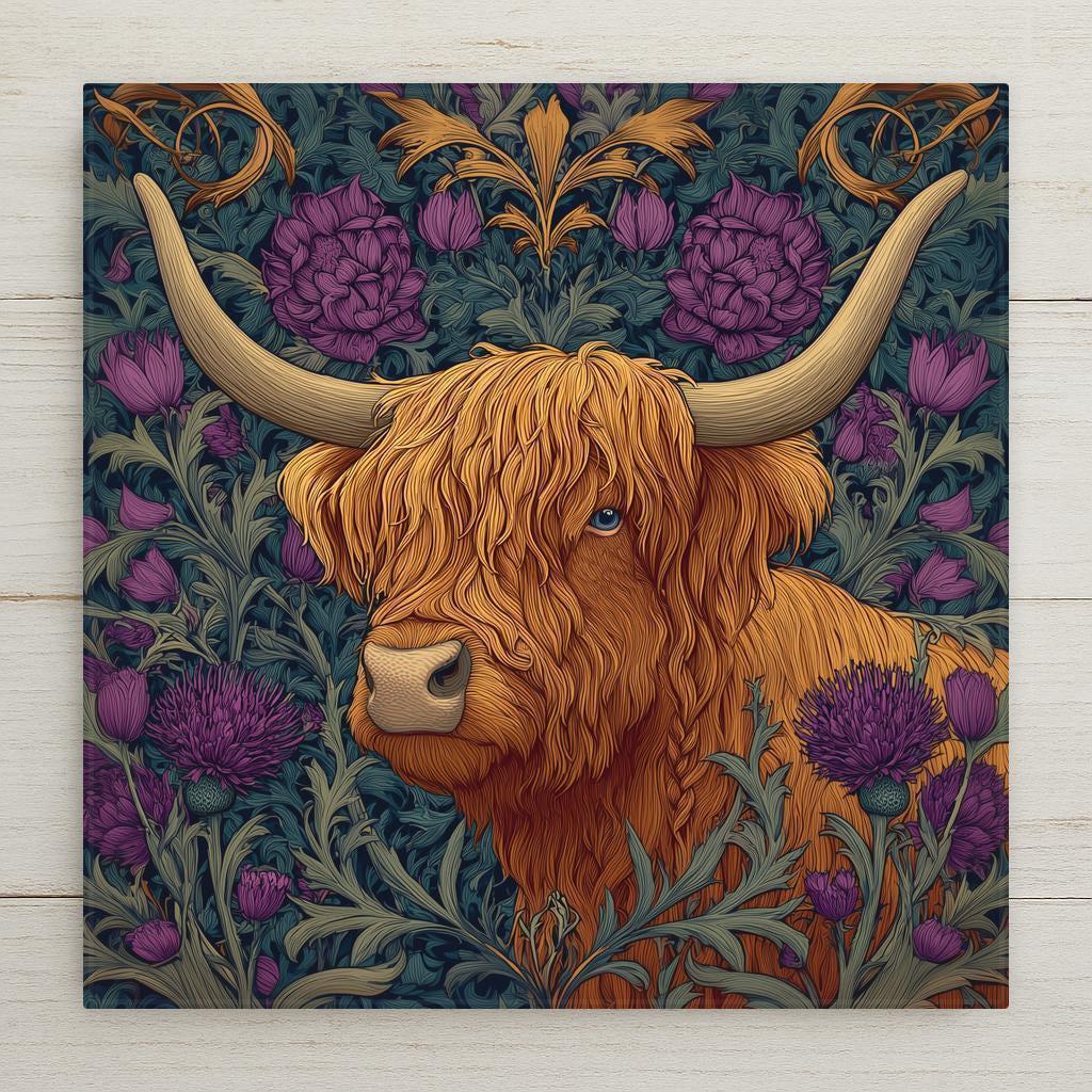 William Morris style ceramic art tile of a shaggy Highland cow with long horns, framed by purple Scottish thistles and acanthus foliage in a folk-art tapestry pattern on a deep teal-navy background.