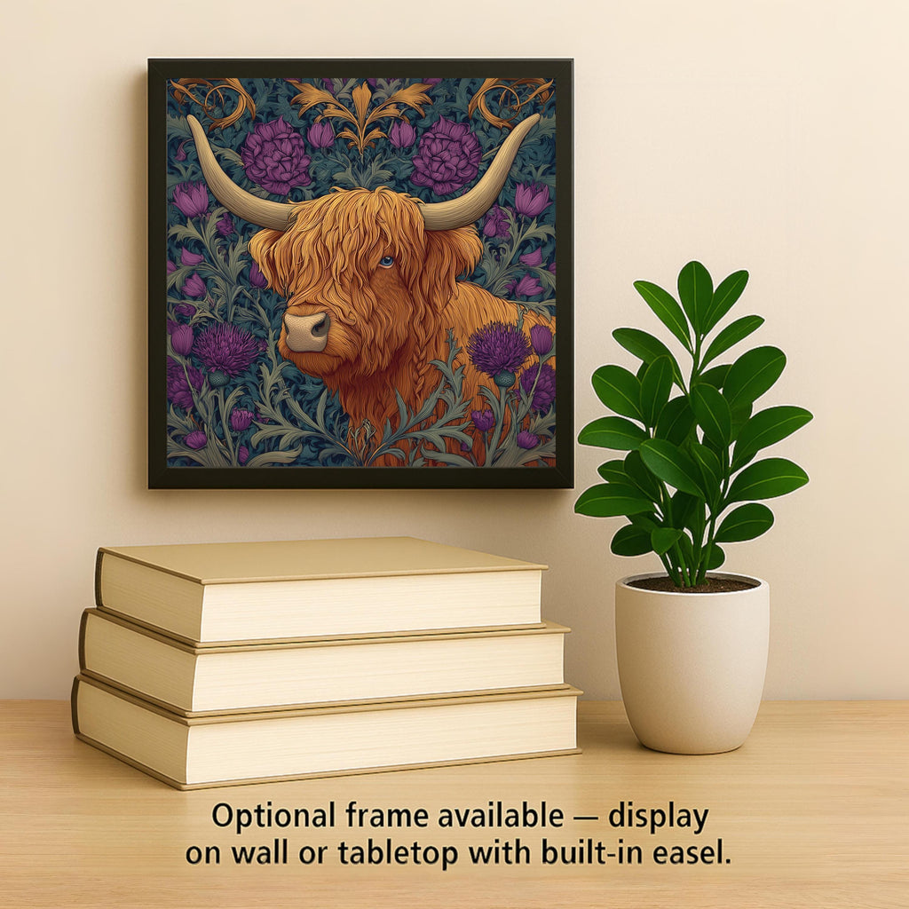 Highland Cow William Morris Style Ceramic Art Tile – Scottish Thistle Tapestry Wall Decor, Folk Art Farmhouse Accent