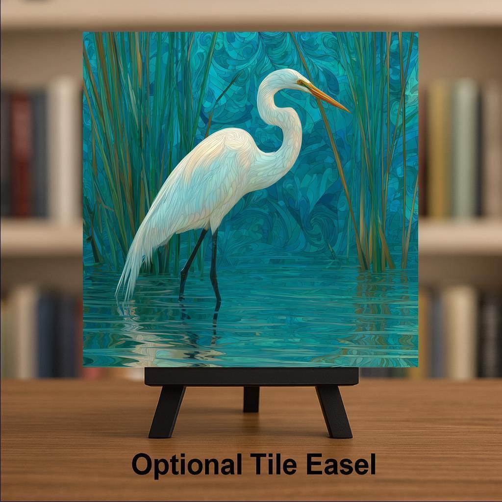 Egret Wall Art Ceramic Tile Coastal Bird Gift Birdwatcher Decor White Bird Art Memorial Nature Wildlife