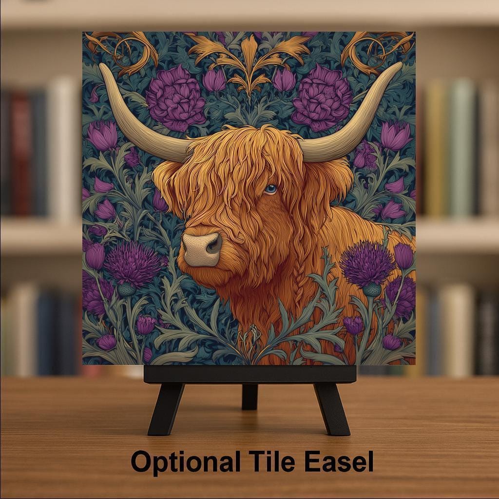 Highland Cow William Morris Style Ceramic Art Tile – Scottish Thistle Tapestry Wall Decor, Folk Art Farmhouse Accent