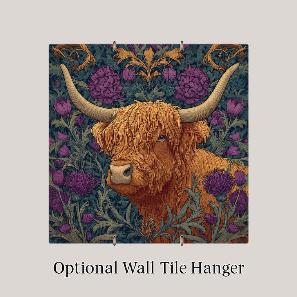 Highland Cow William Morris Style Ceramic Art Tile – Scottish Thistle Tapestry Wall Decor, Folk Art Farmhouse Accent
