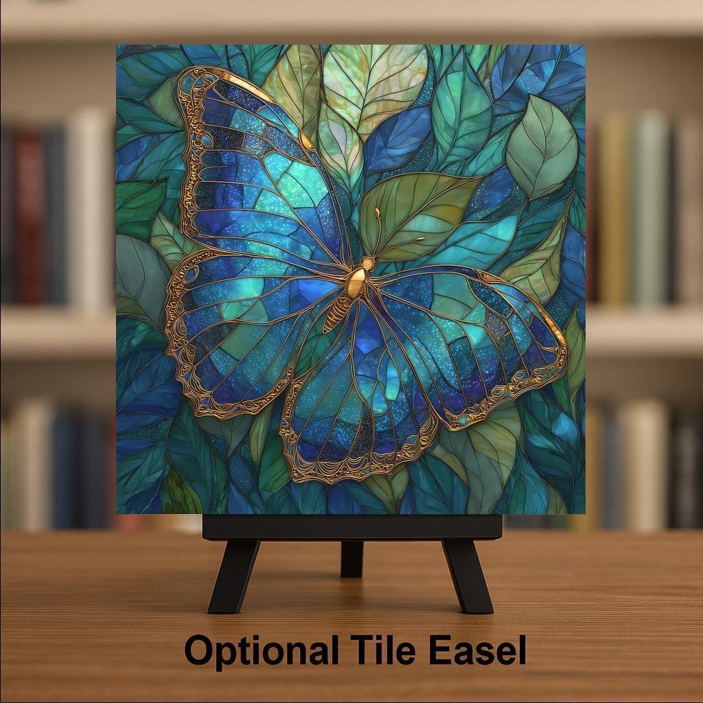 Blue Butterfly Ceramic Tile Wall Art – Stained Glass Style Nature Design, Elegant Home Decor, Botanical Wall Decor Gift for Butterfly Lovers