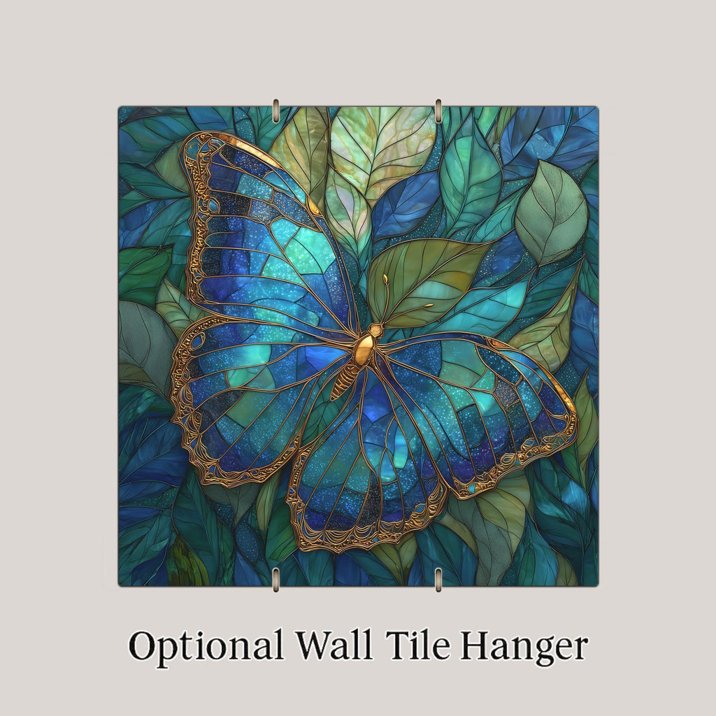 Blue Butterfly Ceramic Tile Wall Art – Stained Glass Style Nature Design, Elegant Home Decor, Botanical Wall Decor Gift for Butterfly Lovers