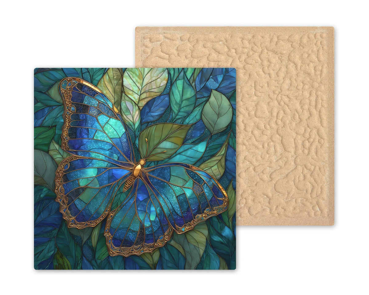 Blue Butterfly Ceramic Tile Wall Art – Stained Glass Style Nature Design, Elegant Home Decor, Botanical Wall Decor Gift for Butterfly Lovers
