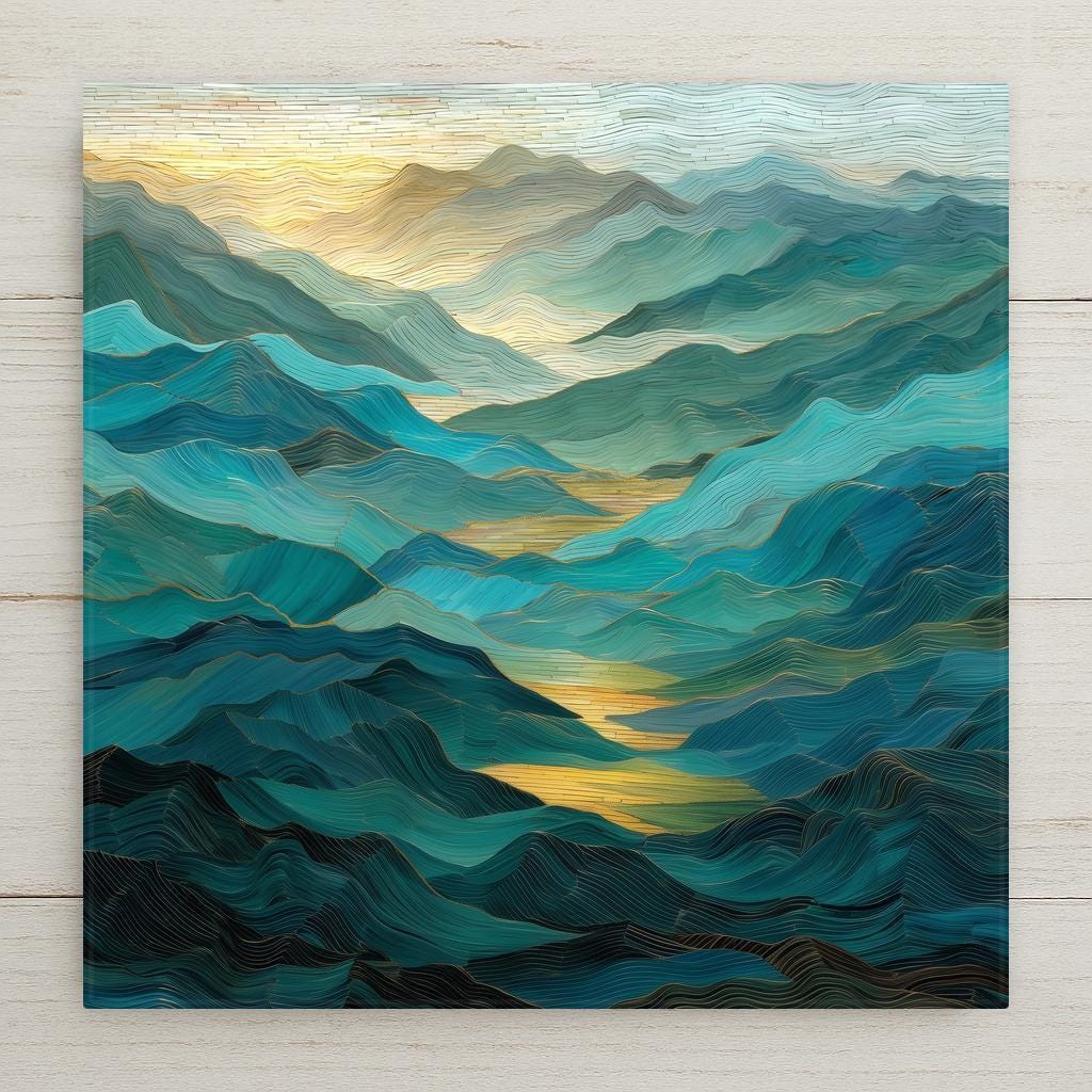 Smoky Mountains stained glass-style ceramic tile wall art captures sunrise over layered blue ridges. Perfect wall art and home decor accent. Choose from tile wall hanger, easel stand, cork backing, or premium frame for wall or tabletop display. (Printed artwork — not real stained glass or mosaic.)