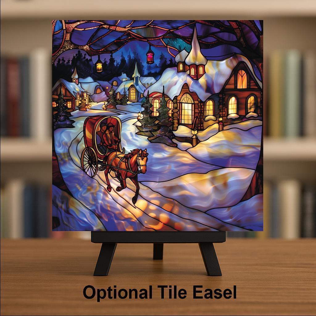 Winter Village Wall Art Ceramic Tile Christmas Gift Holiday Decor Sleigh Ride Art Snowy Scene Gift Tile